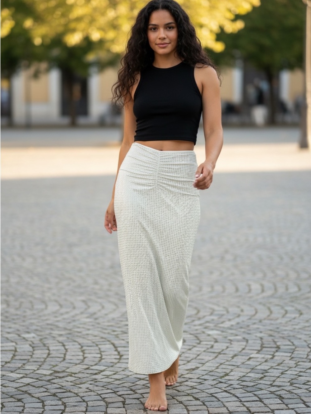 Classic Cream Maxi Skirt with Subtle Texture Imitation diamonds